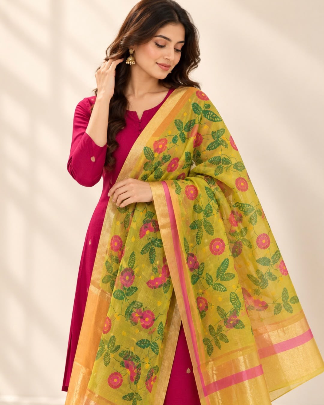 Yellow Leaf Jamdani Floral Printed Marm Chanderi Silk Cotton Dupatta