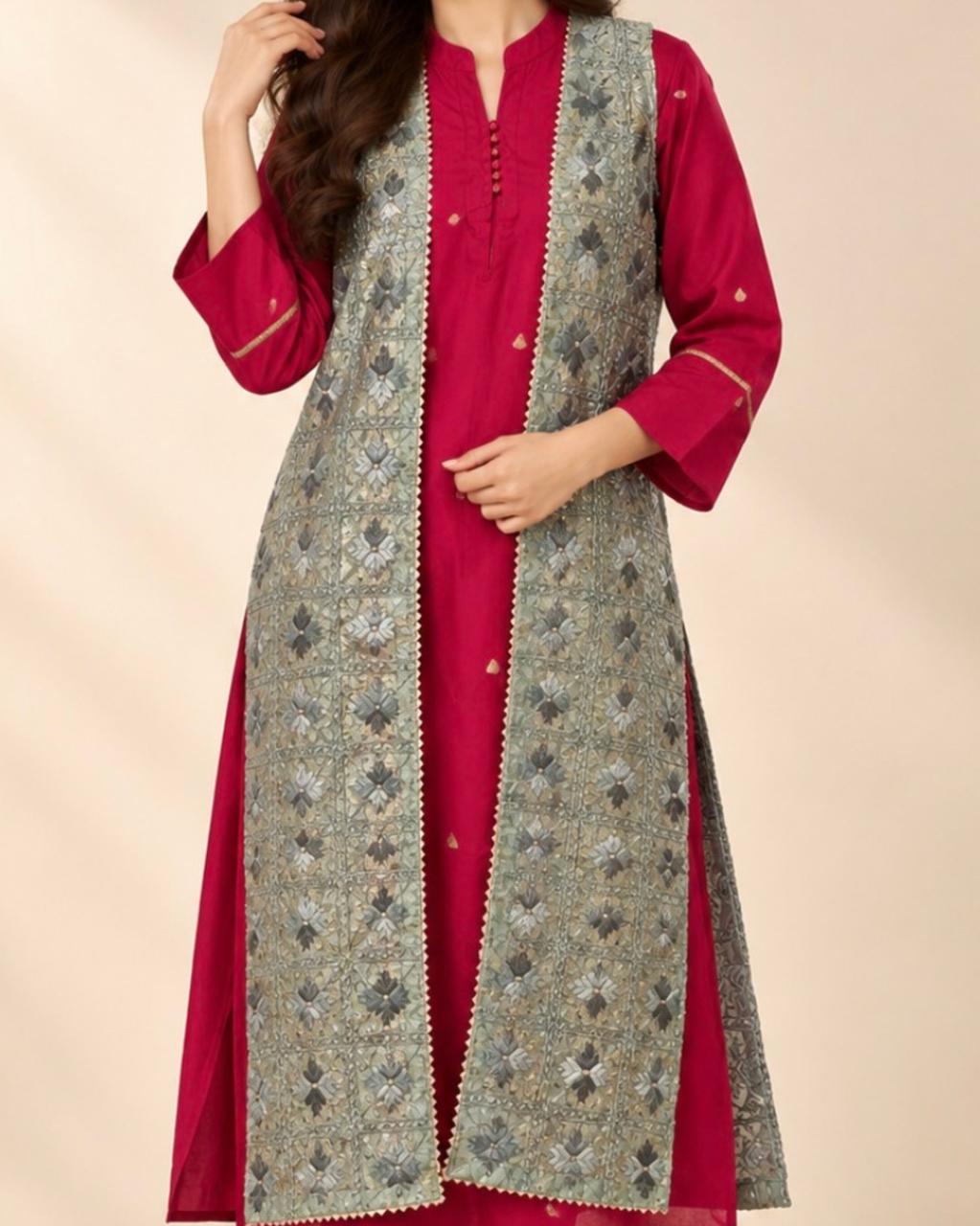 Grey Phulkari Sleeveless Long Jacket