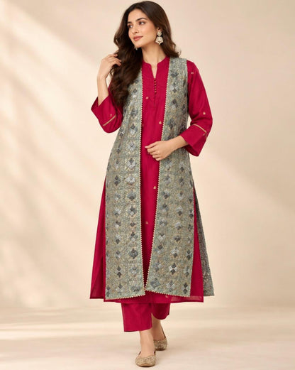 Grey Phulkari Sleeveless Long Jacket