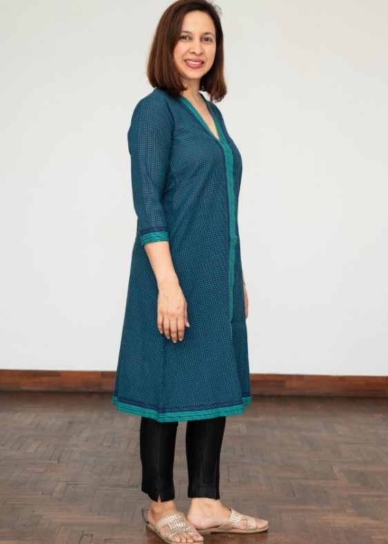 V Neck Green Cotton Checks Dress