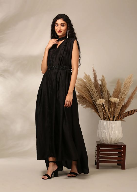 Black Slub Silk Long Dress-AS0722