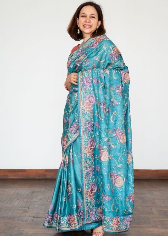 Blue Embroidery Tussar Silk Saree
