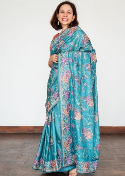 Blue Embroidery Tussar Silk Saree