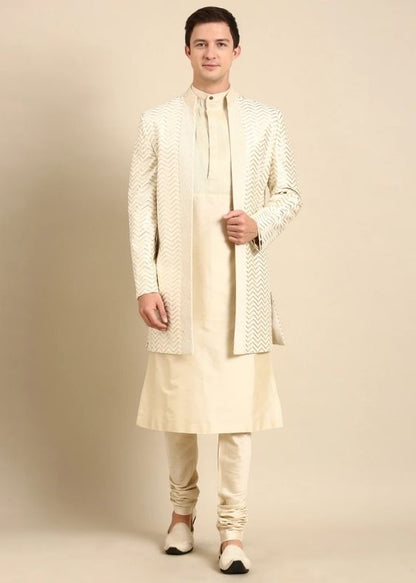 Ivory Chanderi Silk Long Open Jacket - MMK0596