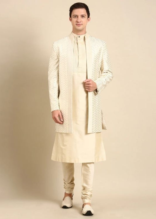 Ivory Chanderi Silk Long Open Jacket - MMK0596