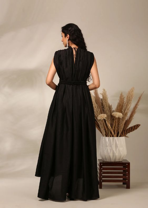 Black Slub Silk Long Dress-AS0722
