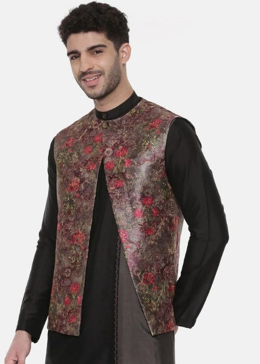Rust Pink Printed Open silk jacket