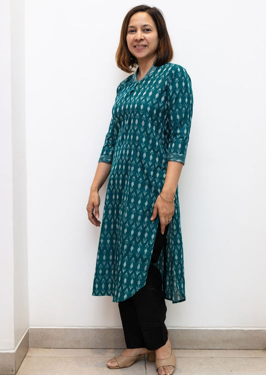 Green Leah Superfine Silk Cotton Ikkat Kurta