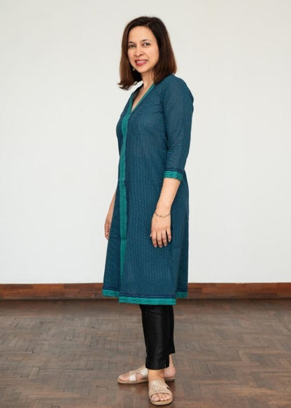 V Neck Green Cotton Checks Dress