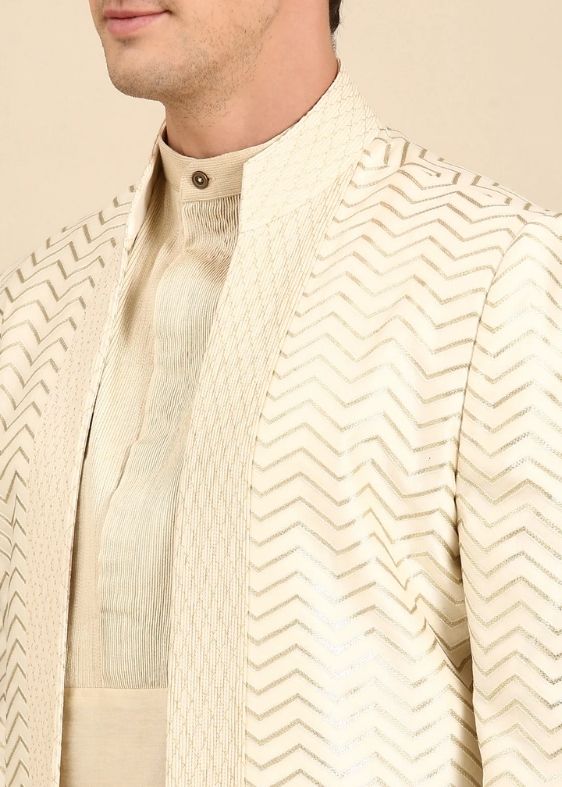 Ivory Chanderi Silk Long Open Jacket - MMK0596