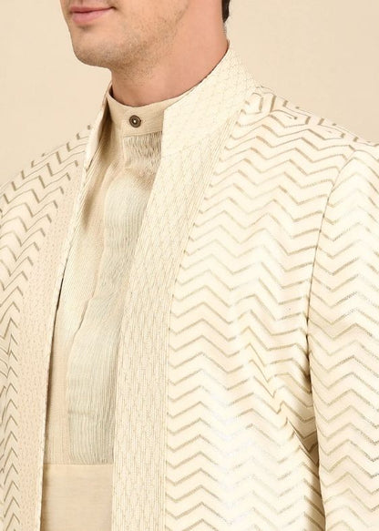 Ivory Chanderi Silk Long Open Jacket - MMK0596