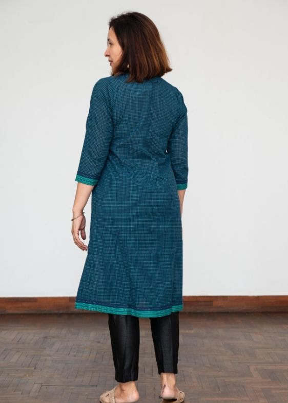 V Neck Green Cotton Checks Dress