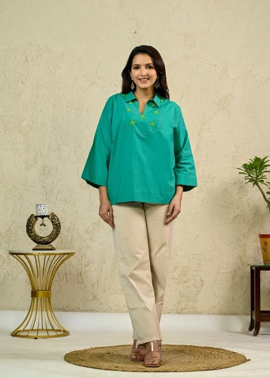 Green Poplin Embroidery Top