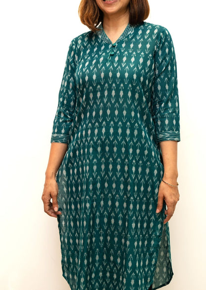 Green Leah Superfine Silk Cotton Ikkat Kurta