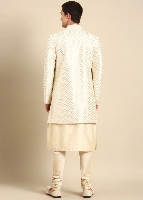 Ivory Chanderi Silk Long Open Jacket - MMK0596