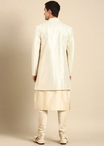Ivory Chanderi Silk Long Open Jacket - MMK0596