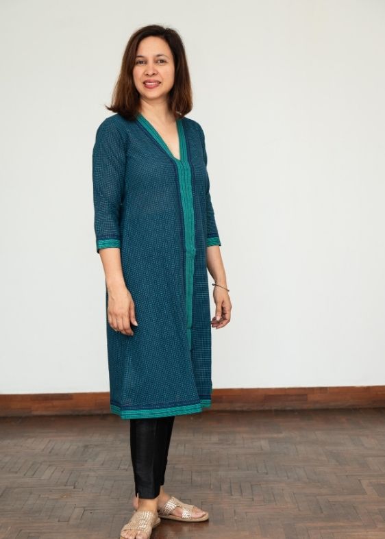 V Neck Green Cotton Checks Dress