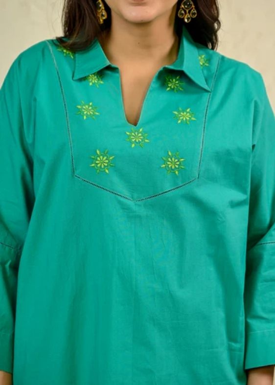 Green Poplin Embroidery Top