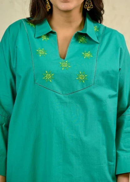 Green Poplin Embroidery Top
