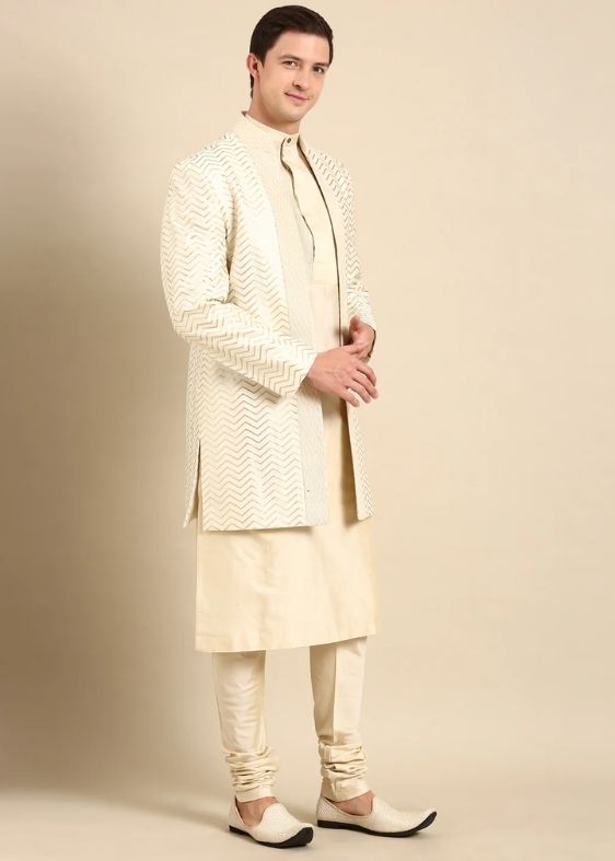 Ivory Chanderi Silk Long Open Jacket - MMK0596