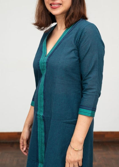 V Neck Green Cotton Checks Dress
