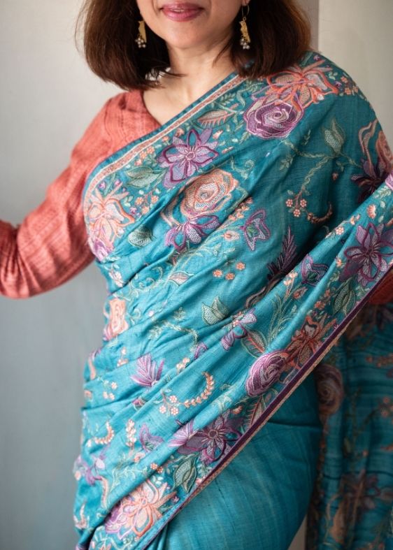 Blue Embroidery Tussar Silk Saree