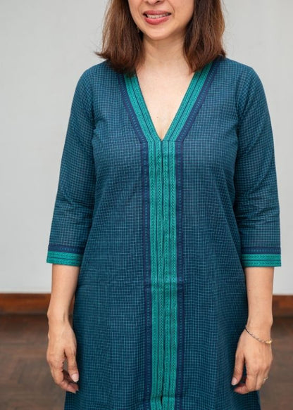 V Neck Green Cotton Checks Dress