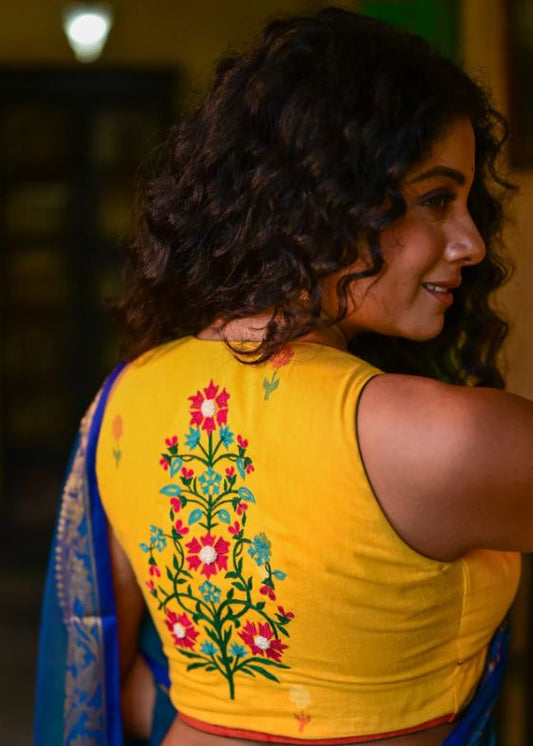 Yellow jamdani paisley tree blouse