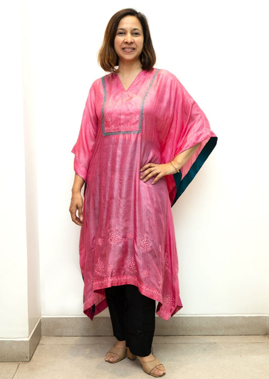 Pink Chikankari Embroidery Tussar Silk Kaftan