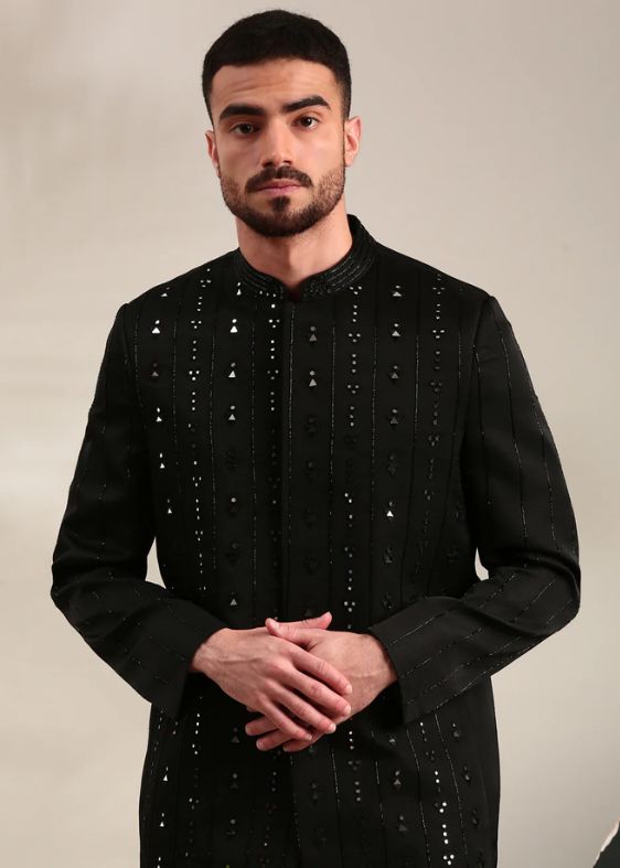 Black Slub Silk Embroidered Bandhgala
