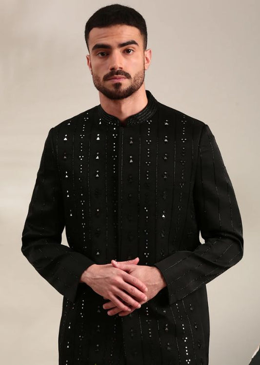Black Slub Silk Embroidered Bandhgala