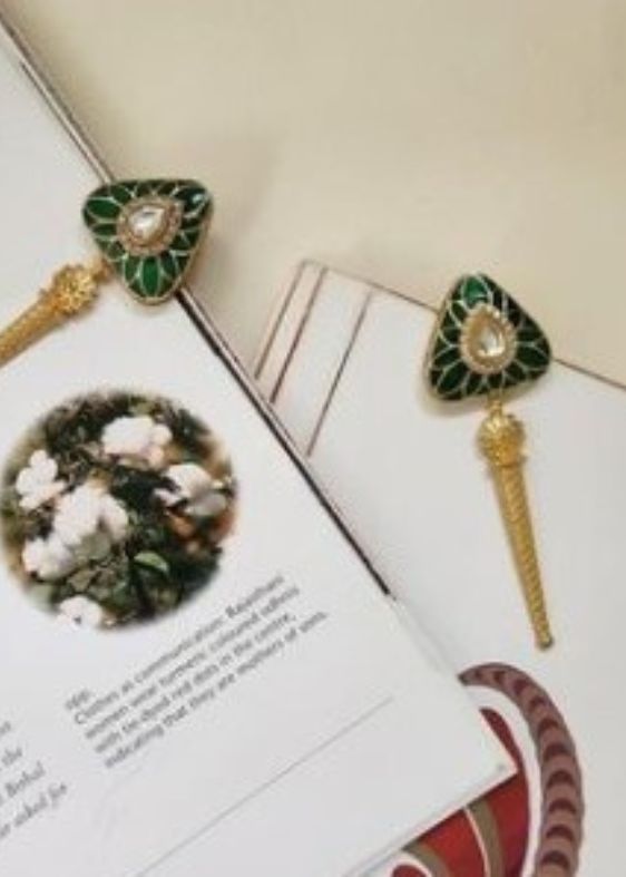 green polki kundan enamel triangle earrings