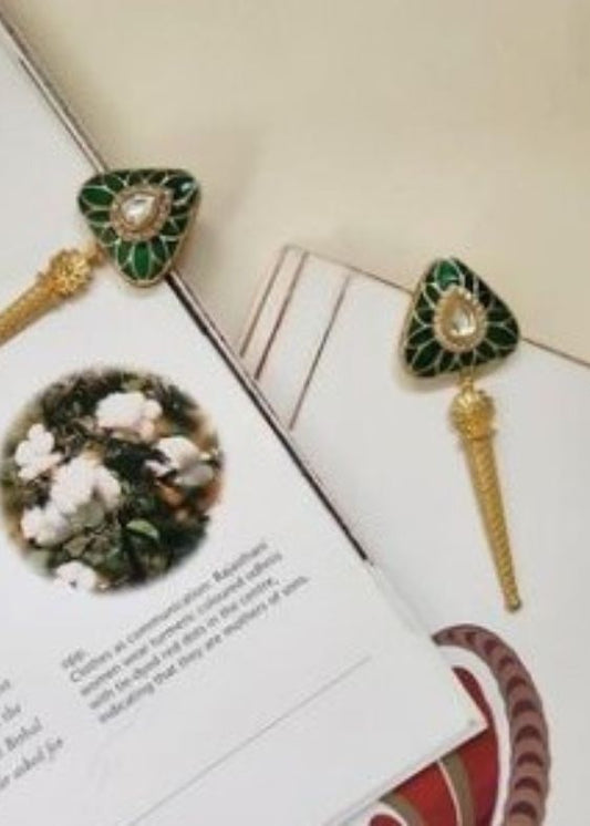 green polki kundan enamel triangle earrings