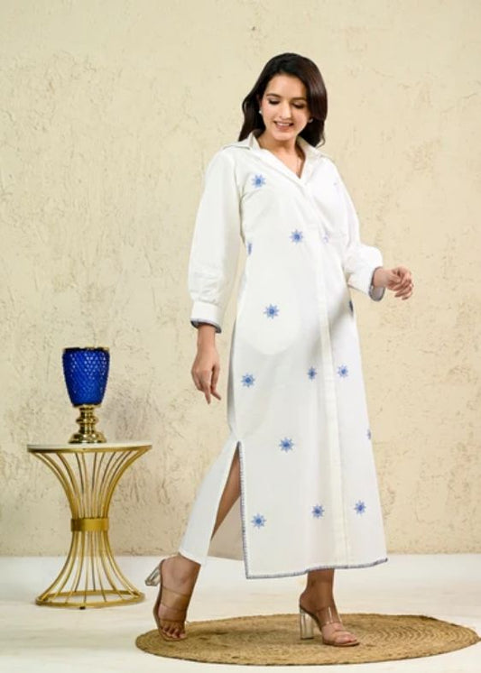 White Long Embroidery shirt dress