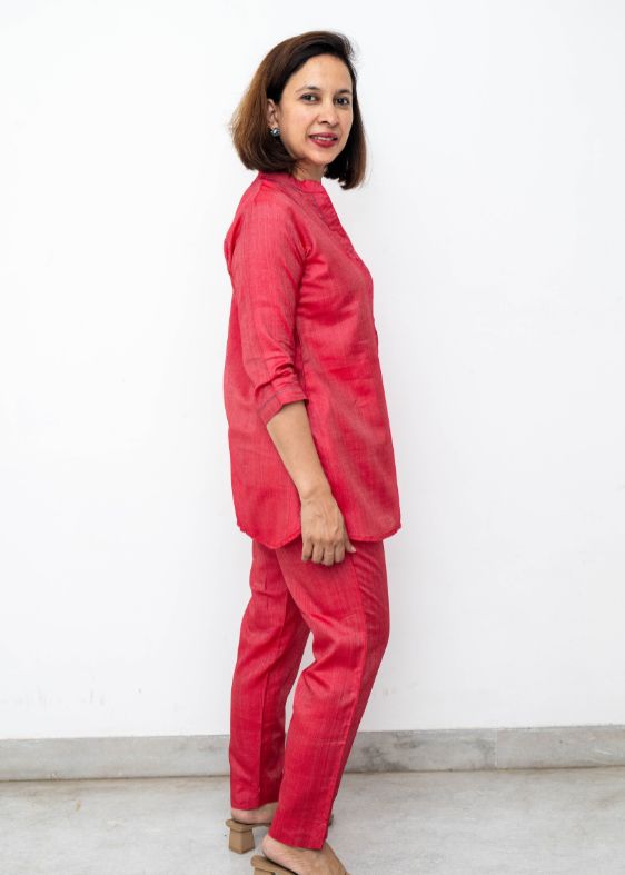 Red Flower Spring Tussar Cotton Tunic