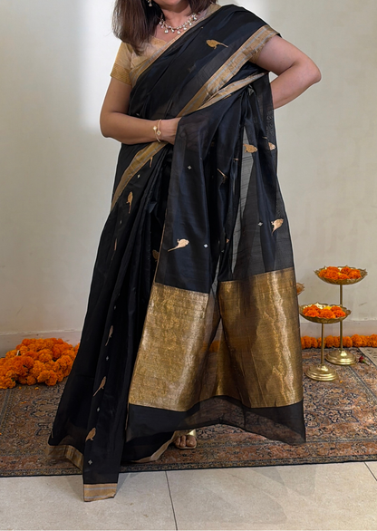 Black Bird Silk Chanderi Saree