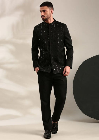Black Slub Silk Embroidered Bandhgala