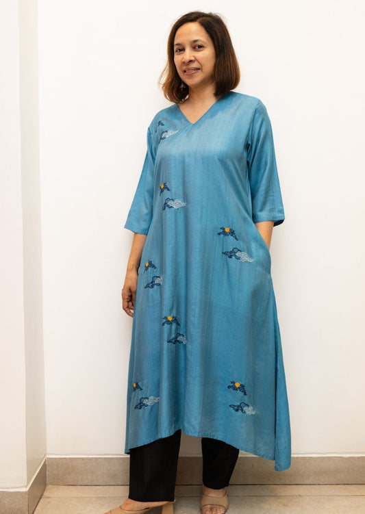 Blue Cloud Embroidery Tussar Cotton Kurta