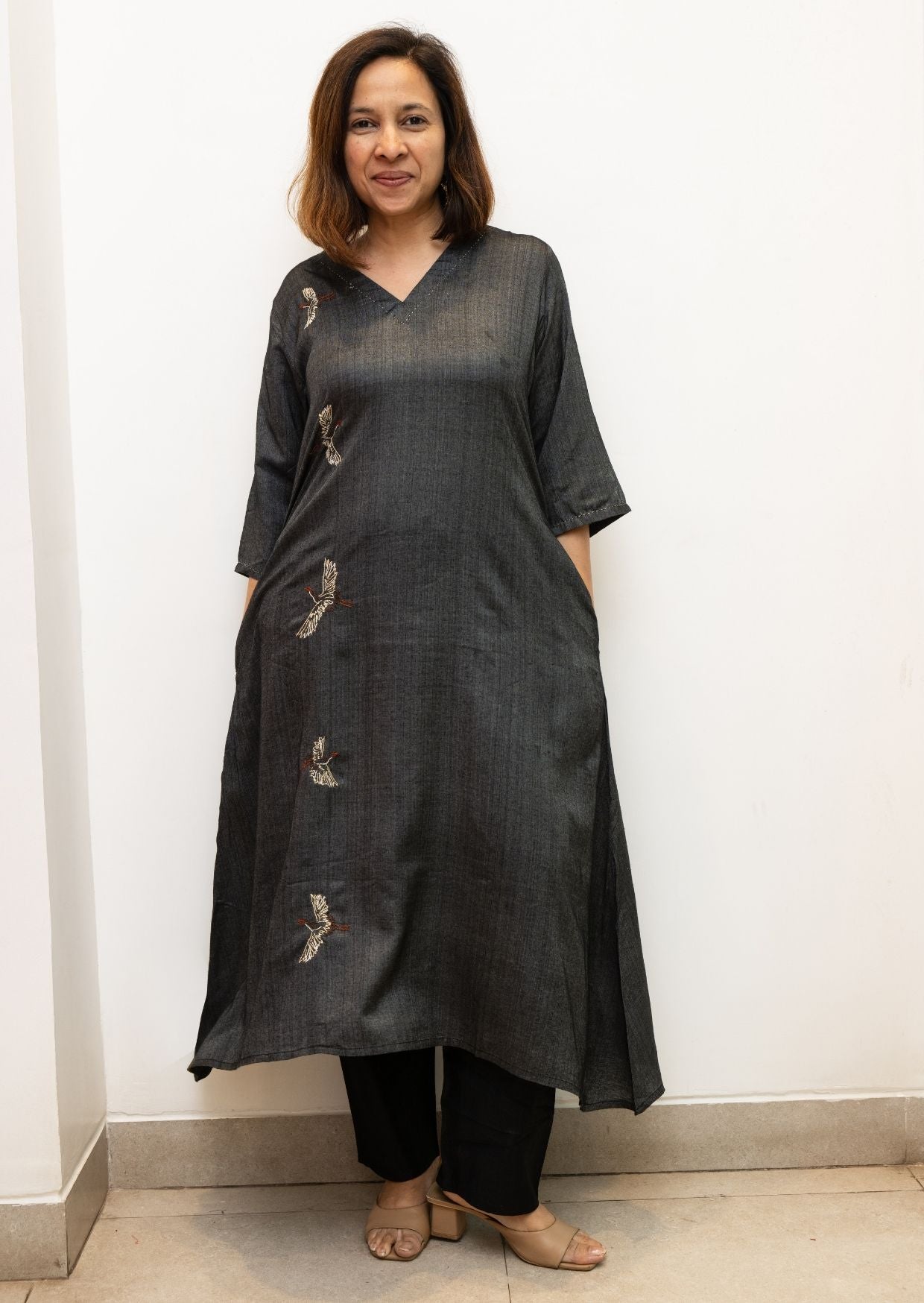 Black Flamingo Embroidery Tussar Cotton Dress