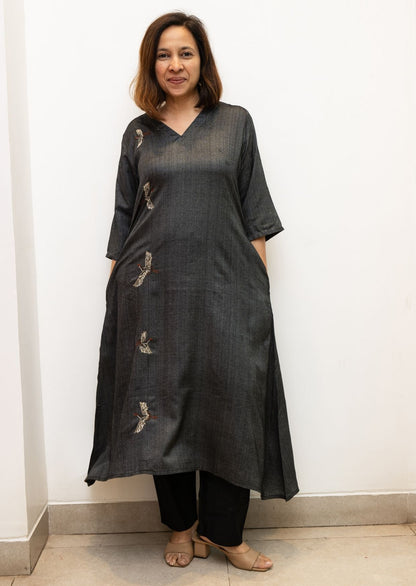 Black Flamingo Embroidery Tussar Cotton Dress