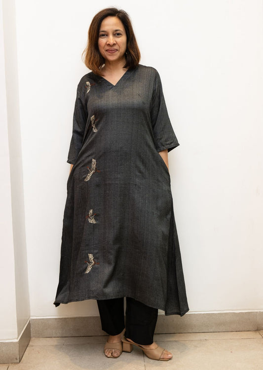 Black Flamingo Embroidery Tussar Cotton Dress