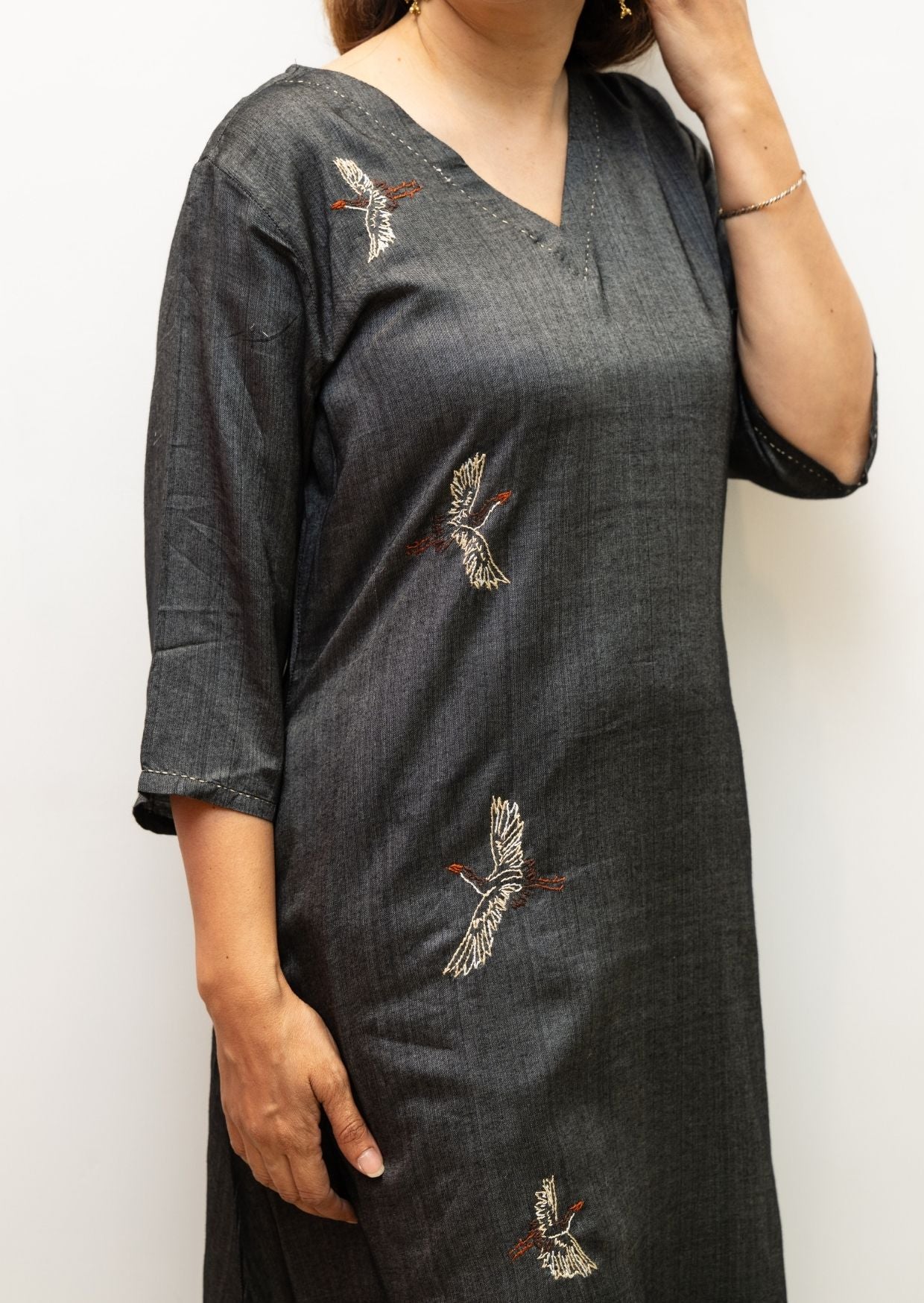 Black Flamingo Embroidery Tussar Cotton Dress