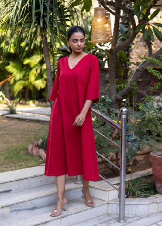 Cotton Slub Yoke Dress- Maroon