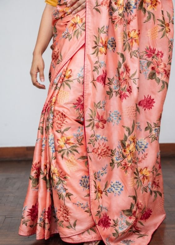 Peach Embroidery Tussar Silk Saree