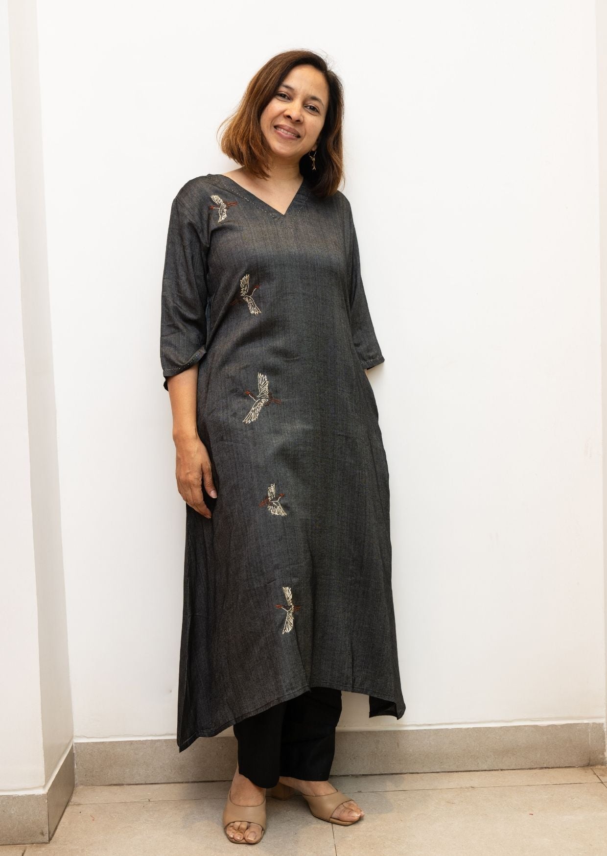 Black Flamingo Embroidery Tussar Cotton Dress