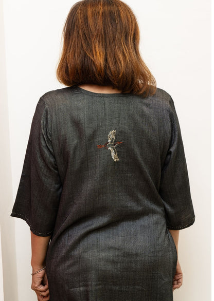 Black Flamingo Embroidery Tussar Cotton Dress