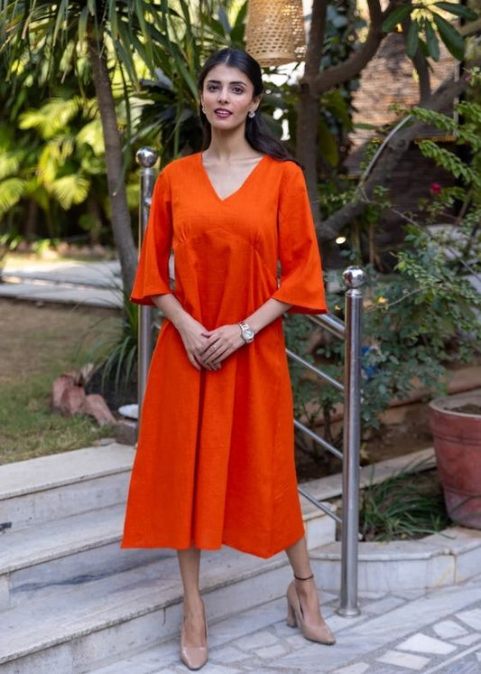 Cotton Slub Yoke Dress- Orange