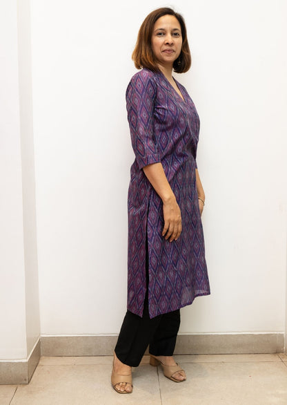 Purple V Neck Stitchline Superfine Ikkat Cotton Kurta