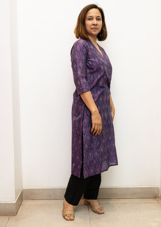 Purple V Neck Stitchline Superfine Ikkat Cotton Kurta