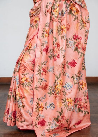 Peach Embroidery Tussar Silk Saree